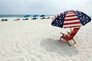 beach chair and umbrella on white sand